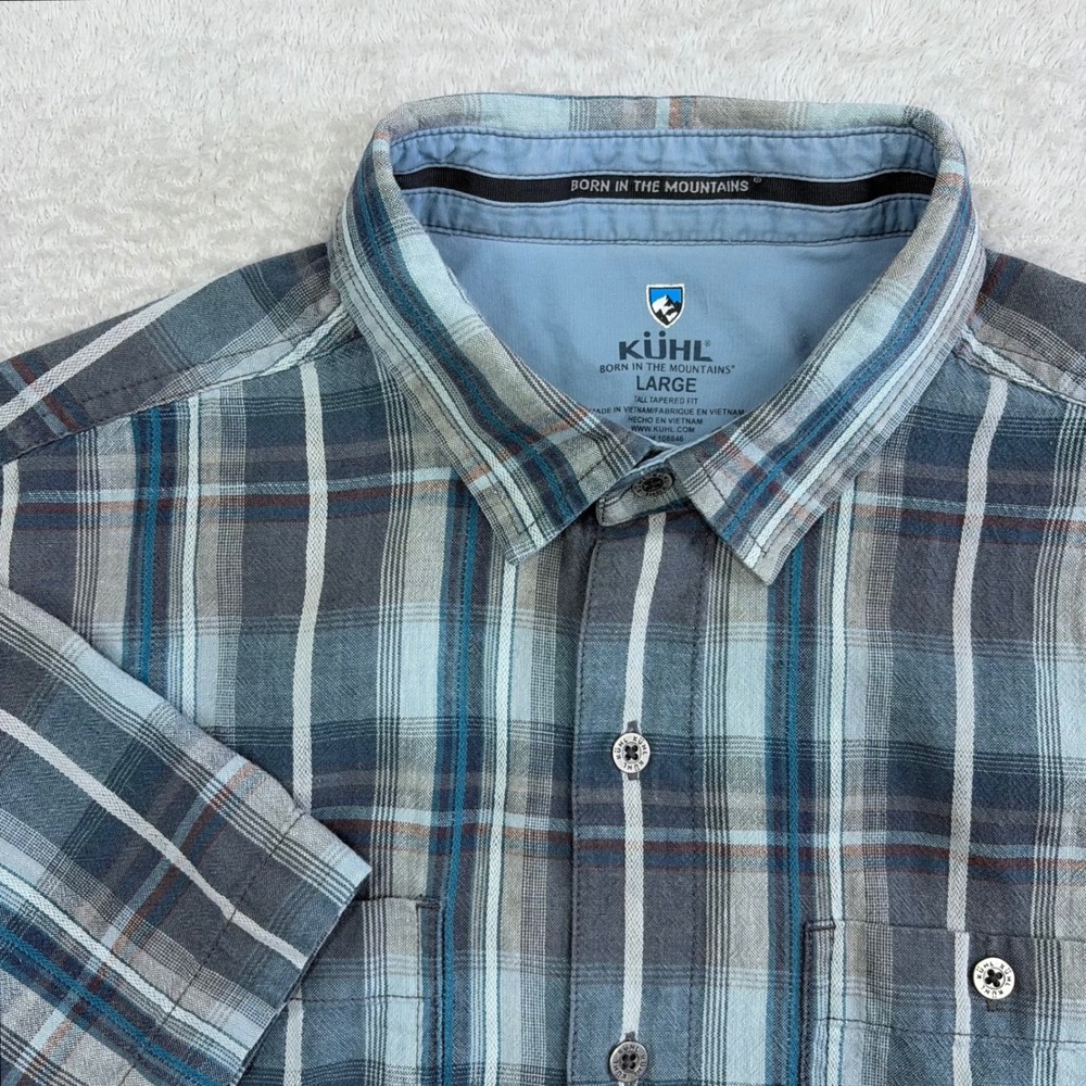 KUHL Button Down Shirt Mens Large Blue Plaid Short Sleeve Linen Blend Outdoors